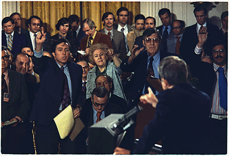 <span class="caption">Nixon under attack in October 1973.</span> <span class="attribution"><a class="link " href="https://commons.wikimedia.org/wiki/File:Nixon_press_October_1973.gif" rel="nofollow noopener" target="_blank" data-ylk="slk:Wikimedia Commons/Office of Presidential Libraries;elm:context_link;itc:0;sec:content-canvas">Wikimedia Commons/Office of Presidential Libraries</a></span>
