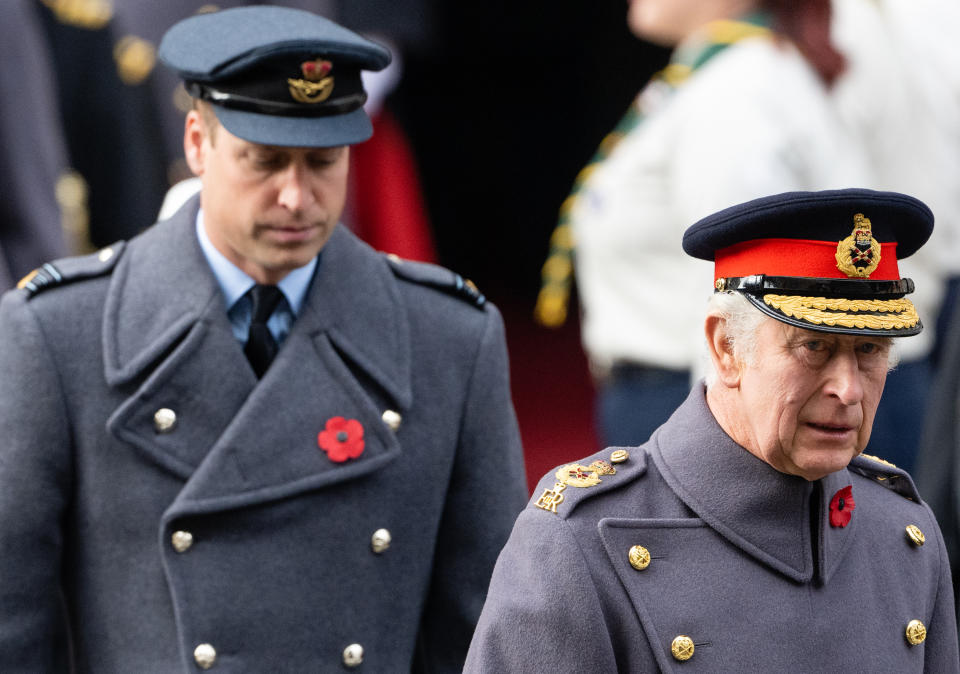 LONDON, ENGLAND - NOVEMBER 13: King Charles III and Prince William, Prince of Wales during the National Service Of Remembrance at The Cenotaph on November 13, 2022 in London, England. (Photo by Samir Hussein/WireImage)