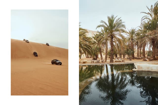 <p>Manuel Obadia-Wills</p> From left: Off-roading on desert dunes, a popular excursion in Siwa; Adrère Amellal’s spring-fed pool.