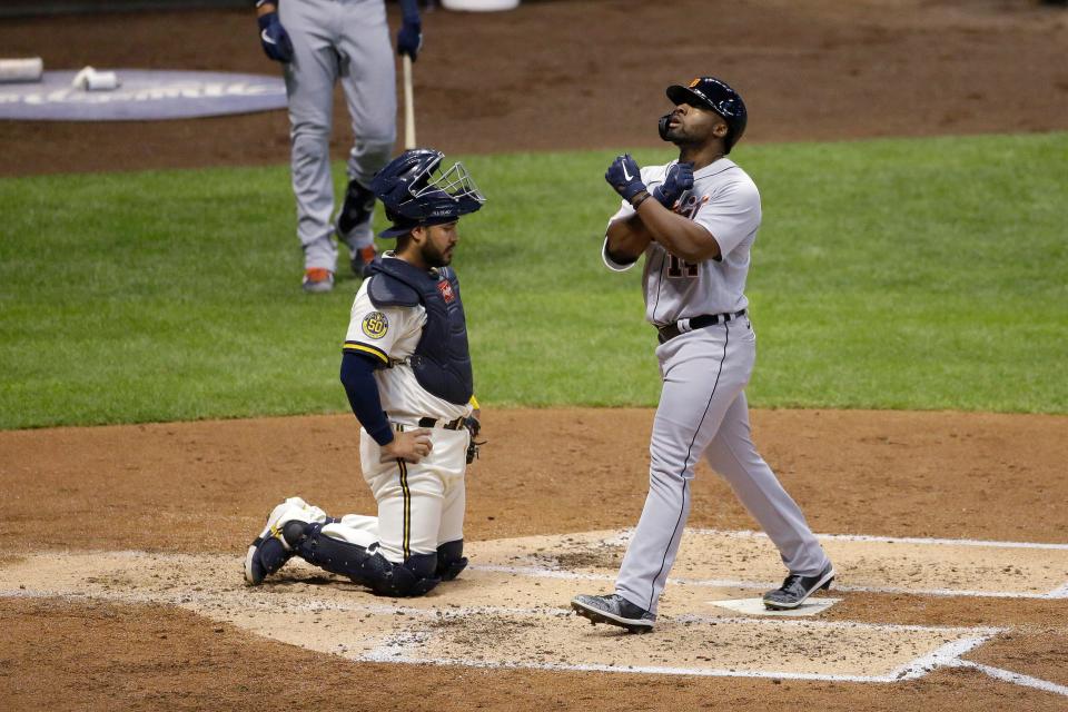 Detroit Tigers' Christin Stewart gestures at home while scoring on a solo home run during the third inning of the team's baseball game against the Milwaukee Brewers on Tuesday, Sept. 1, 2020, in Milwaukee.