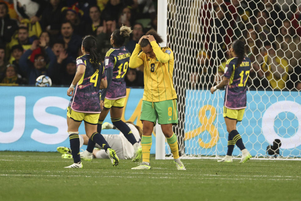 Jamaica's Drew Spence reacts after missing a scoring chance during the Women's World Cup round of 16 soccer match between Jamaica and Colombia in Melbourne, Australia, Tuesday, Aug. 8, 2023. (AP Photo/Hamish Blair)