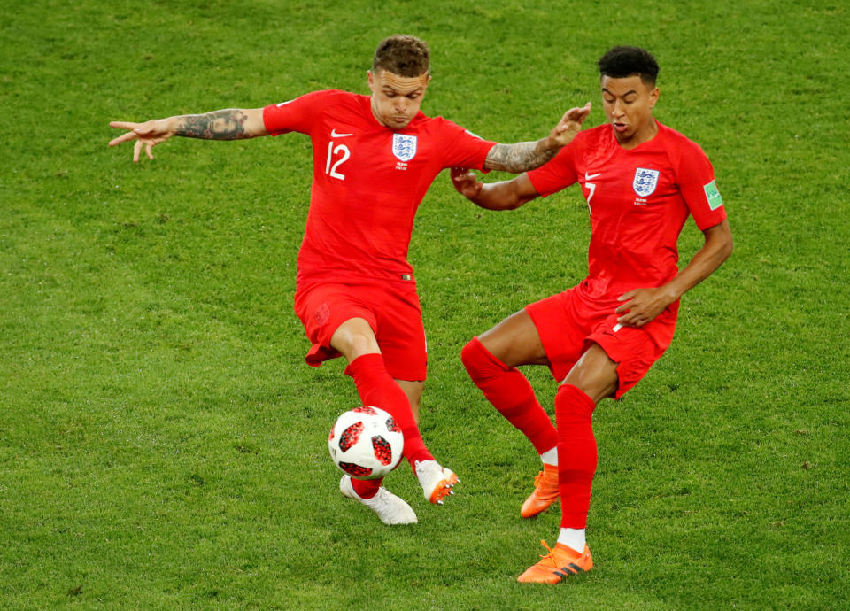 Soccer Football – World Cup – Round of 16 – Colombia vs England – Spartak Stadium, Moscow, Russia – July 3, 2018 England’s Kieran Trippier and Jesse Lingard in action REUTERS/Christian Hartmann