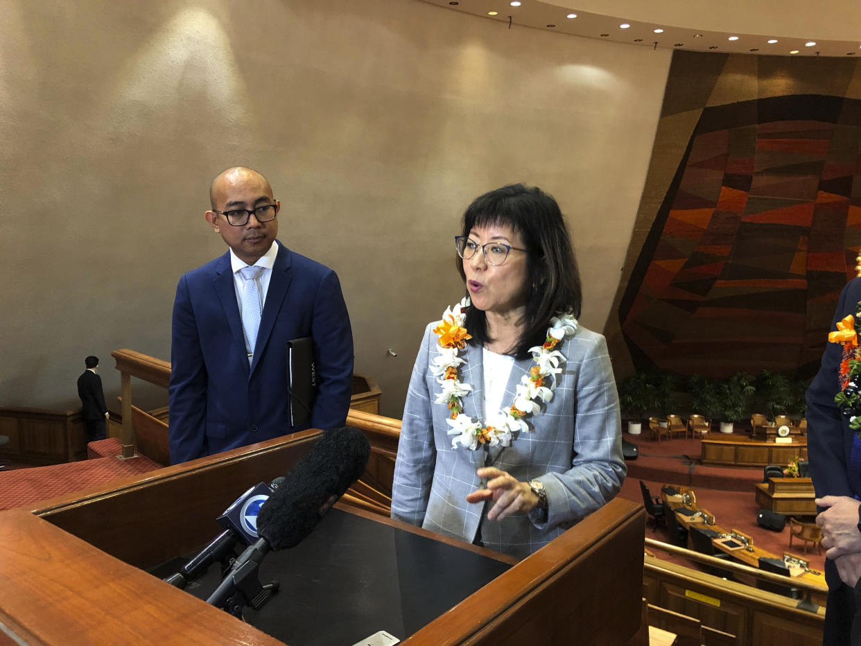 Hawaii House Majority Leader Rep. Nadine Nakamura speaks to reporters in Honolulu on Monday, Jan. 23, 2023, after Gov. Josh Green delivered his State of the State address to a joint session of the state Legislature. (AP Photo/Audrey McAvoy)