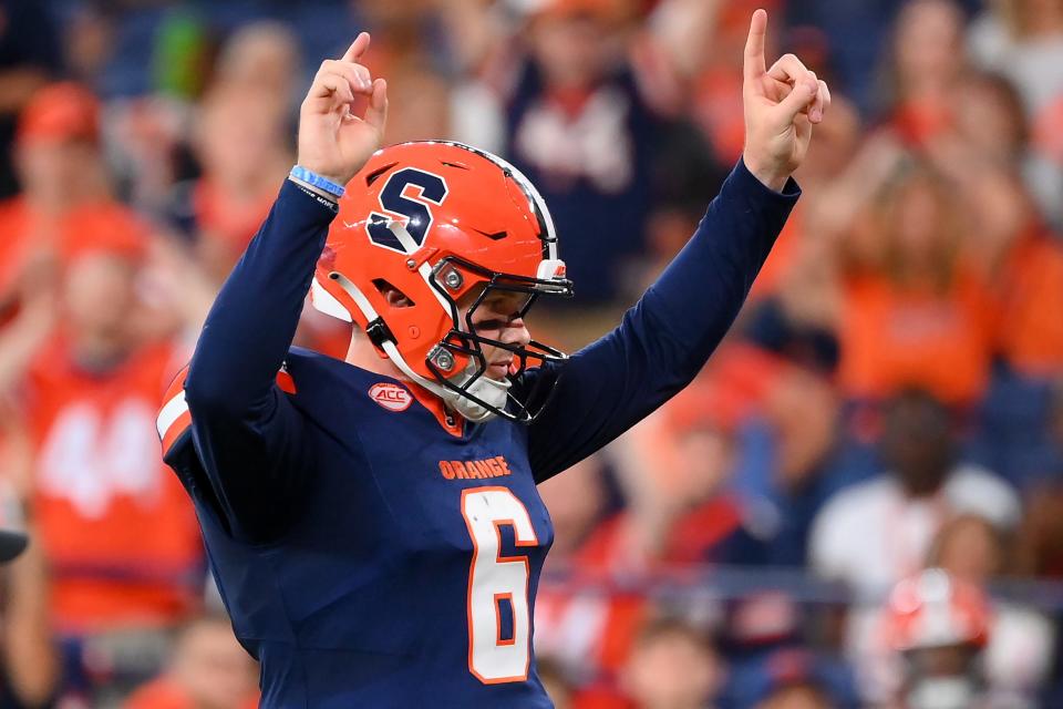 Syracuse Orange quarterback Kyle McCord reacts after a play against the Ohio Bobcats during the second half at the JMA Wireless Dome.