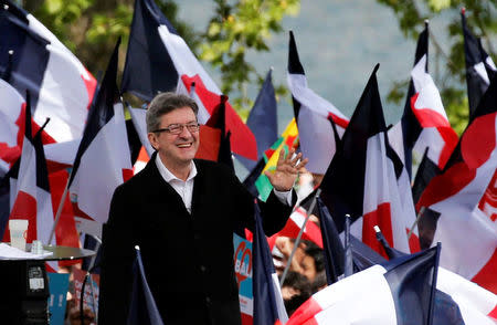 Jean-Luc Melenchon of the French far left Parti de Gauche and candidate for the 2017 French presidential election, attends a political rally in Toulouse, Southwestern France, April 16, 2017. REUTERS/Regis Duvignau