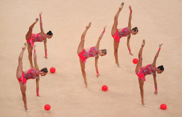 The Italy team compete in the Group All-Around Gymnastics Rhythmic on Day 13 of the London 2012 Olympics Games at Wembley Arena on August 9, 2012 in London, England. (Photo by Michael Regan/Getty Images)