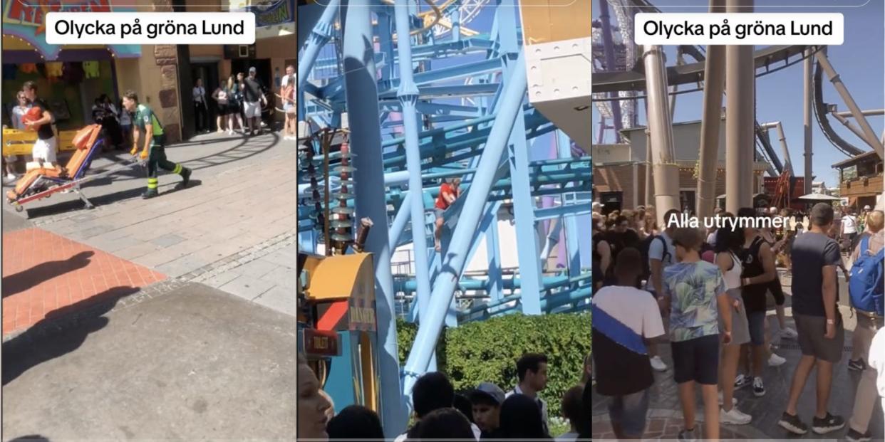 A compilation of TikTok screenshots from users @celinehuynh and @tindrabroringenannan showing the aftermath of the deadly Grona Lund roller coaster derailment.