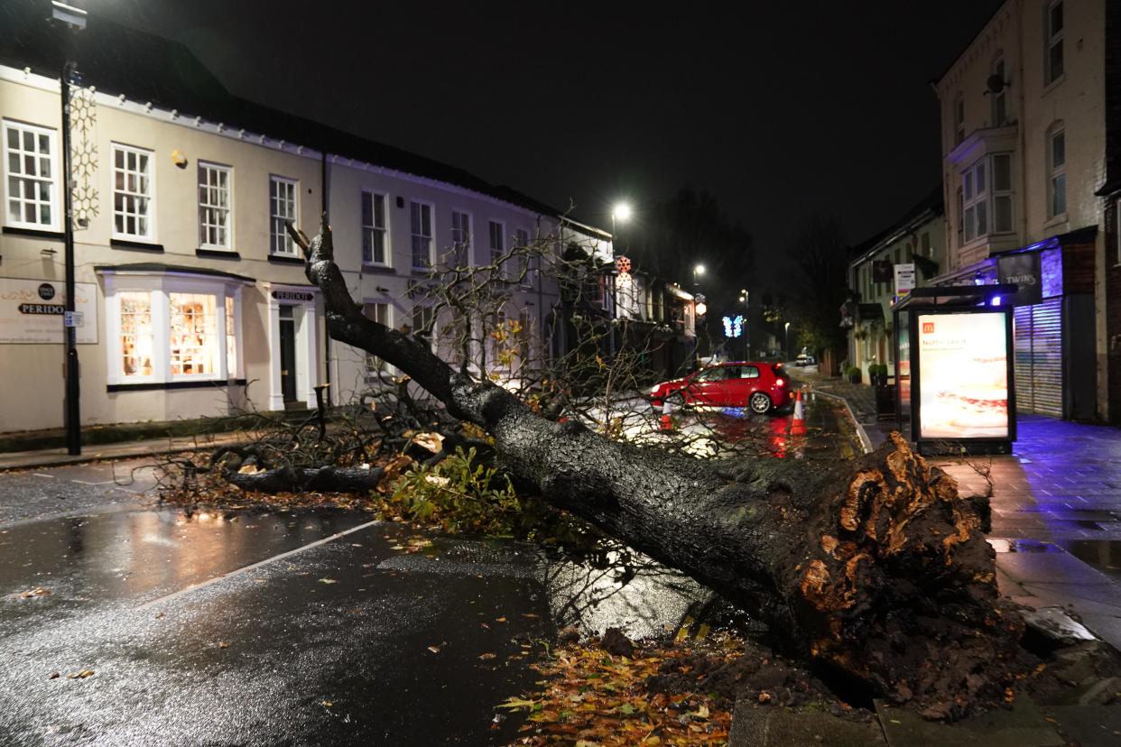 A fallen tree blocks a road in the centre of Norton village in Teeside after gusts of almost 100 miles per hour battered some areas of the UK during Storm Arwen. Picture date: Saturday November 27, 2021. (Photo by Owen Humphreys/PA Images via Getty Images)