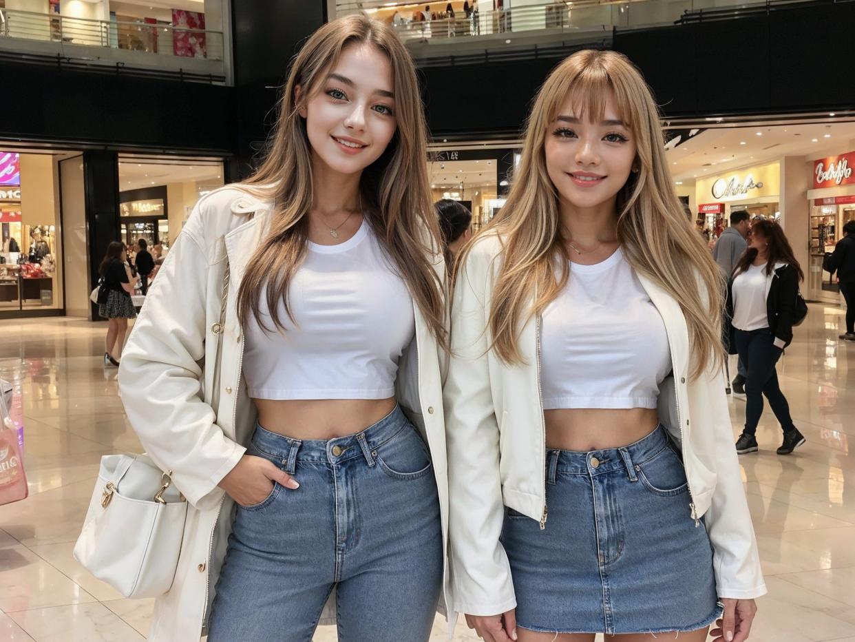 AI-generated image of two girls wearing jean bottoms and white tops, standing in the middle of a mall.