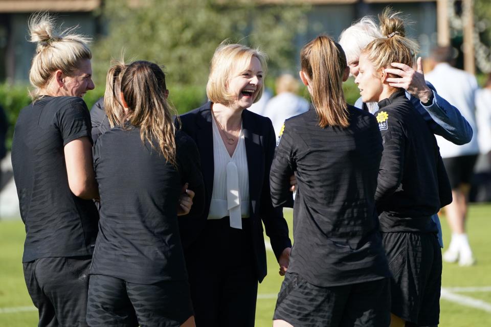 Prime Minister Liz Truss during a visit to meet the England women’s football team at the Lensbury Resort, Teddington, south-west London (Stefan Rousseau/PA) (PA Wire)