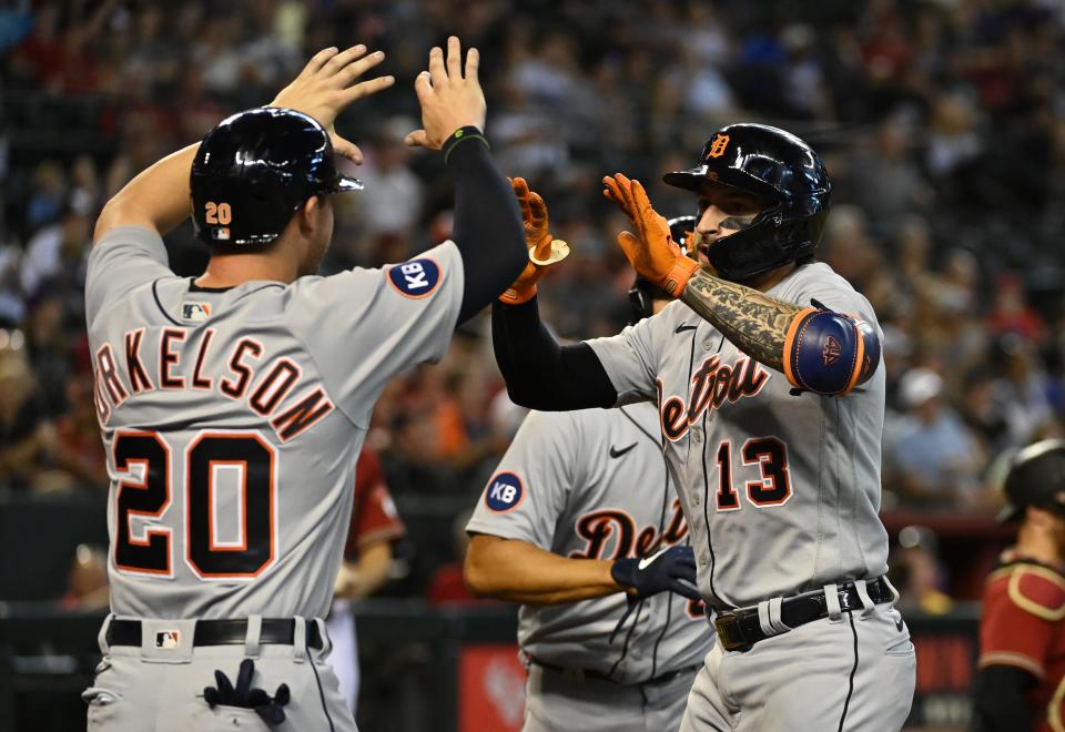 Tigers catcher Eric Haase celebrates with first baseman Spencer Torkelson after hitting a three-run home run against the Diamondbacks during the fifth inning on Sunday, June 26, 2022, in Phoenix.