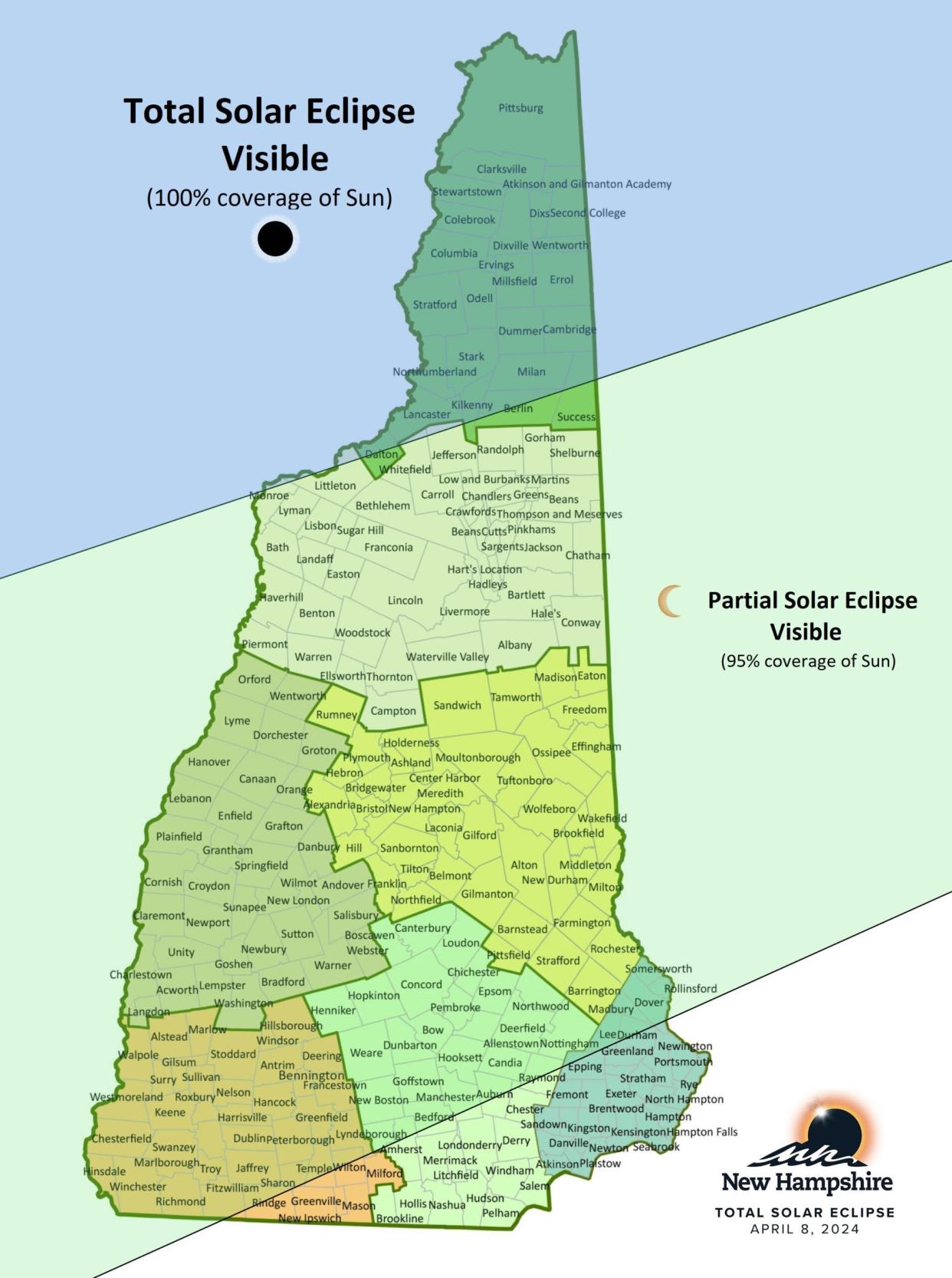 This map shows what part of New Hampshire is slated to see 100 percent coverage of the sun during the April 8 total solar eclipse.