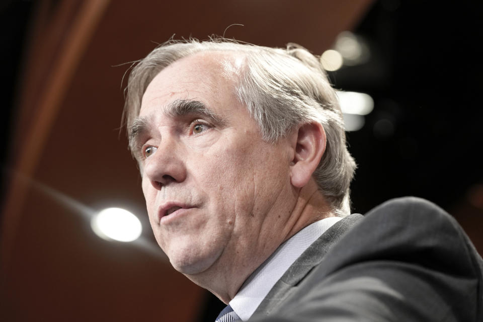 Sen, Jeff Merkley, D-Ore., speaks during a news conference on the debt limit, Thursday, May 18, 2023, on Capitol Hill in Washington. (AP Photo/Mariam Zuhaib)