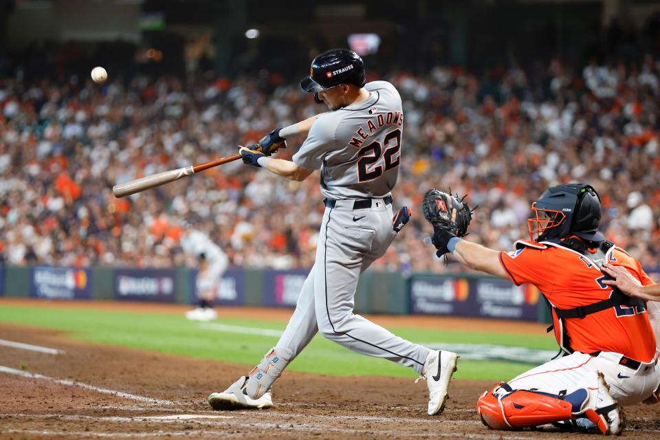 Detroit Tigers' Parker Meadows hits a home run against the Houston Astros in the sixth inning during Game 2 of the wild-card series at Minute Maid Park on Oct. 2, 2024 in Houston, Texas.