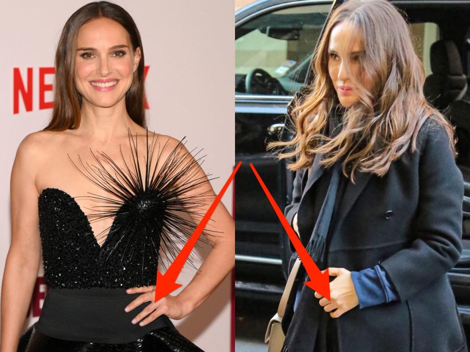 A side by side image of Natalie Portman in a strapless black dress on the red carpet, and exiting a car in a coat in New York City. Two red arrows are pointing towards her ring fingers on her left hands. She's not wearing a wedding ring in either photo.