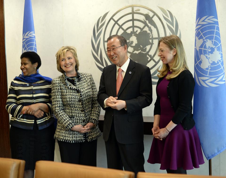 UN Secretary-General Ban Ki- moon (2nd R) meets with UN Women Executive Director  Phumzile Mlambo-Ngcuka (L), former US Secretary of State Hillary Clinton (2nd L) and her daughter Chelsea Clinton at United Nations headquarters in New York on February 4, 2014. (Photo credit should read TIMOTHY A. CLARY/AFP/Getty Images)