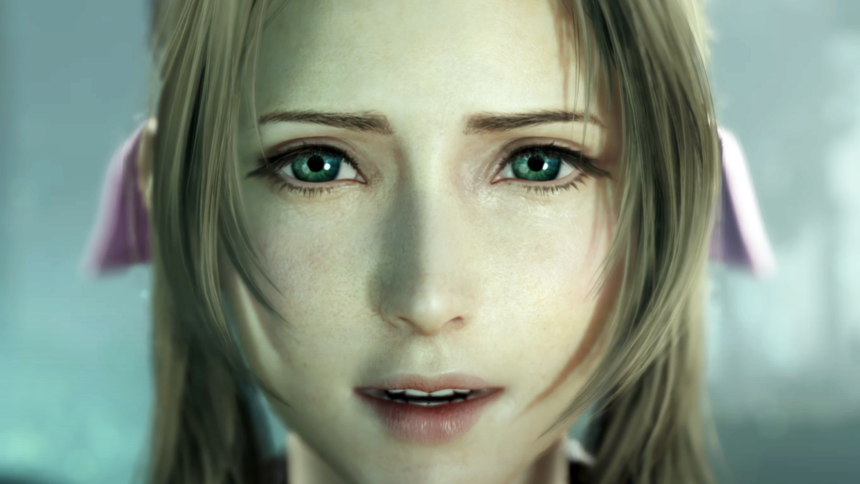  Final Fantasy 7 Rebirth character Aerith staring at the screen. 