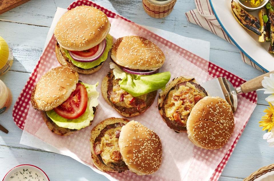 tray of burgers on a red and white gingham tray for a father's day meal