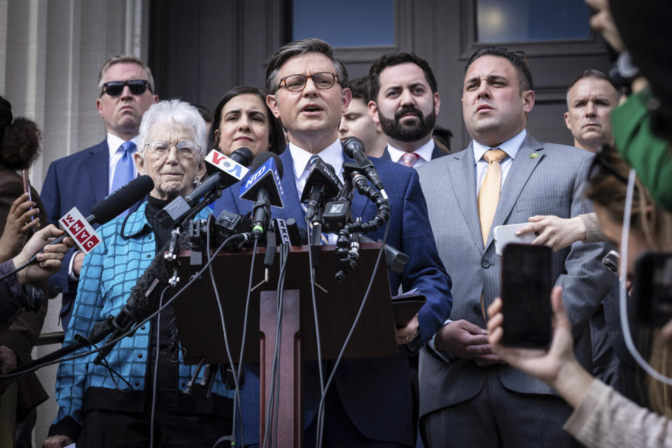 Speaker of the House Mike Johnson (R-LA) speaks to the media on the Low Library steps on Columbia University's campus in New York on Wednesday April 24, 2024. (AP Photo/Stefan Jeremiah)