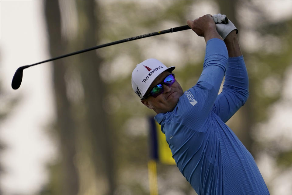 Zach Johnson watches his tee shot on the seventh hole during the second round of the PGA Championship golf tournament at TPC Harding Park Friday, Aug. 7, 2020, in San Francisco. (AP Photo/Jeff Chiu)