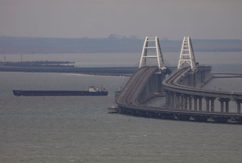 FILE PHOTO: A cargo ship sails next to the Crimea bridge in the Kerch Strait