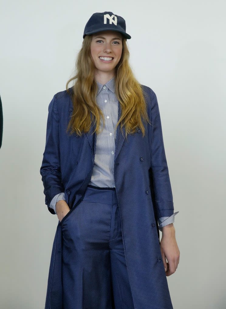 <br> Katharine, a J.Crew fabric coordinator, wears a silk robe dress and matching trousers during the J.Crew New York Fashion Week presentation. (Photo: Getty Images)