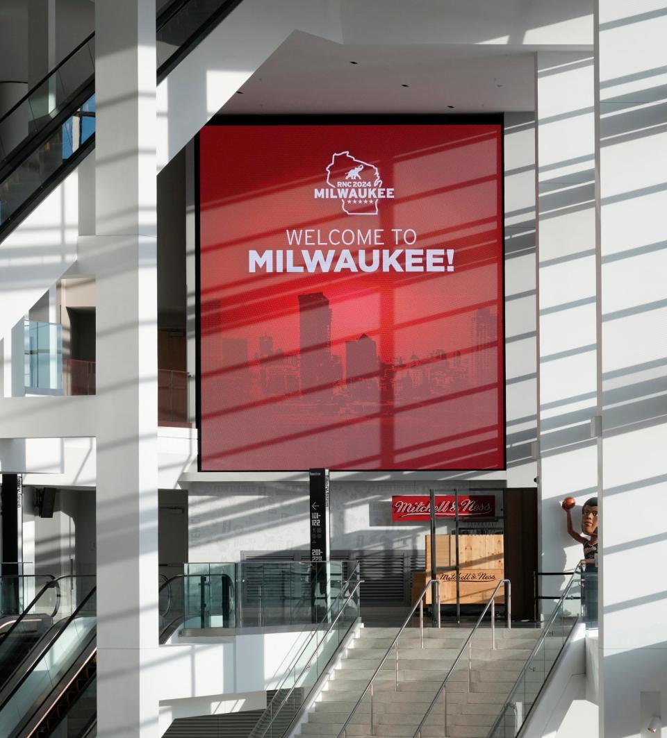 A LED screen showcases the logo during the Republican National Convention fall media walkthrough at Fiserv Forum in Milwaukee Nov. 30, 2023.