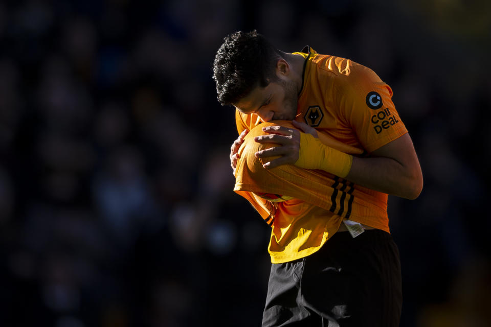 WOLVERHAMPTON, ENGLAND - FEBRUARY 23: Raul Jimenez of Wolverhampton Wanderers celebrates after scoring their third goal to make the score 3-0 during the Premier League match between Wolverhampton Wanderers and Norwich City at Molineux on February 23, 2020 in Wolverhampton, United Kingdom. (Photo by Daniel Chesterton/Offside/Offside via Getty Images)