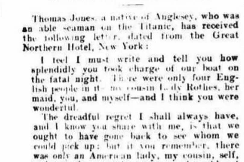 South Wales Gazette , Friday, May 31, 1912. Article depicts a letter from Gladys Cherry to Able Seaman Thomas Jones, from Anglesey, about their time in the Titanic