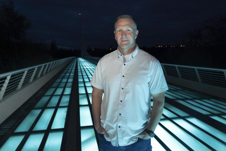 Shasta County Supervisor Kevin Crye standing on the Sundial Bridge in Redding, Calif.