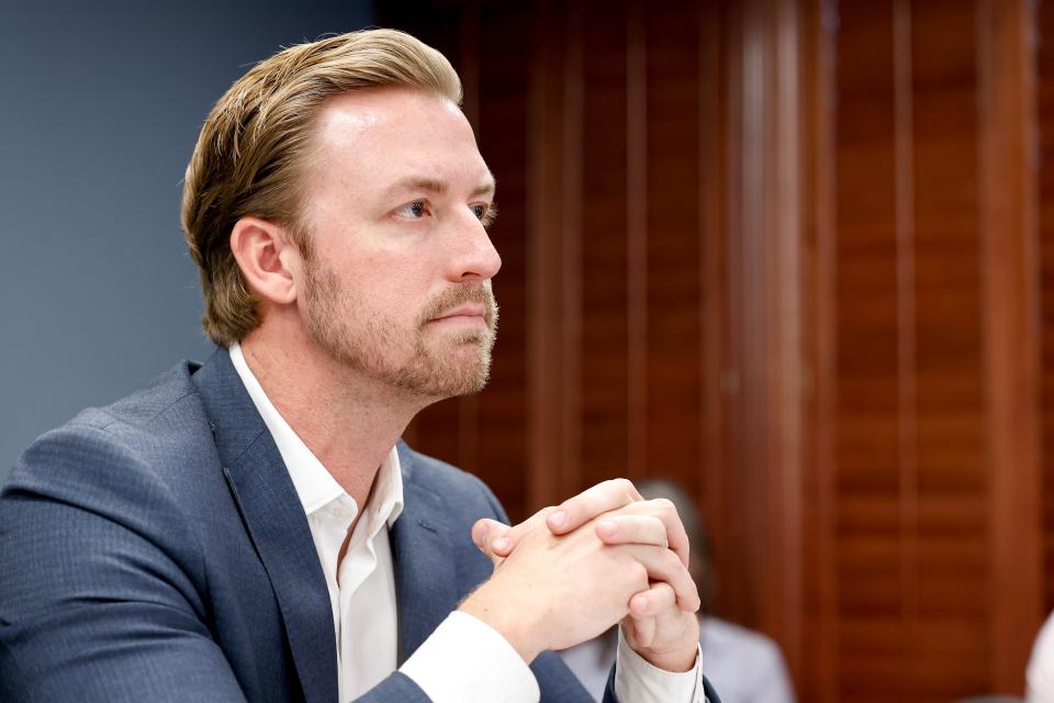 State schools Superintendent Ryan Walters speaks during an Oklahoma school board meeting at the Oklahoma Capitol in Oklahoma City, on Thursday, April 25, 2024.