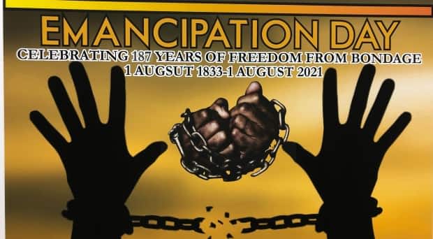 The New Brunswick Black History Society's poster commemorating Canada's first official Emancipation Day on Aug. 1.  (Mia Urquhart/CBC - image credit)