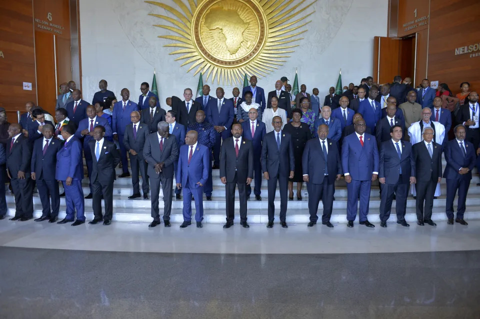 African heads of state, gather for a group photograph at the 37th Ordinary session of the Assembly of the African Union (AU) Summit at the AU headquarters in Addis Ababa, Ethiopia, Saturday, Feb. 17, 2024. Leaders at an African Union summit in the Ethiopian capital Addis Ababa have urday condemned Israel’s offensive in Gaza and called for its immediate end. (AP Photo)
