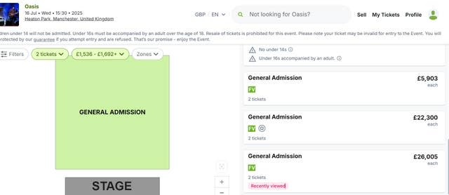 Screengrab from the Viagogo website showing tickets for the concert at Heaton Park