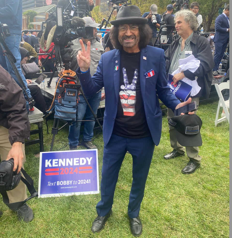 Vincent Fusca, who QAnon conspiracy followers believe is JFK Jr, attended Robert F Kennedy Jr’s campaign event in Philadelphia (Bevan Hurley)