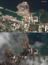 This combination of the satellite images provided by Maxar Technologies shows the main port facilities in Nuku'alofa, Tonga on Dec. 29, 2021, above, and on Jan. 18, 2022. (Satellite image ©2022 Maxar Technologies via AP)