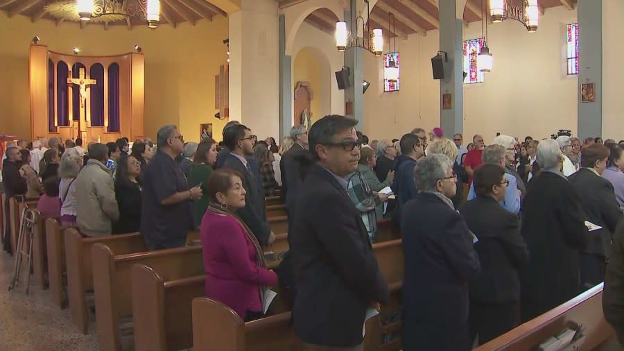 Hundreds gathered for a memorial mass to honor Los Angeles Auxillary Bishop David O'Connell at the San Gabriel Mission Church on Feb. 24, 2024. (KTLA)