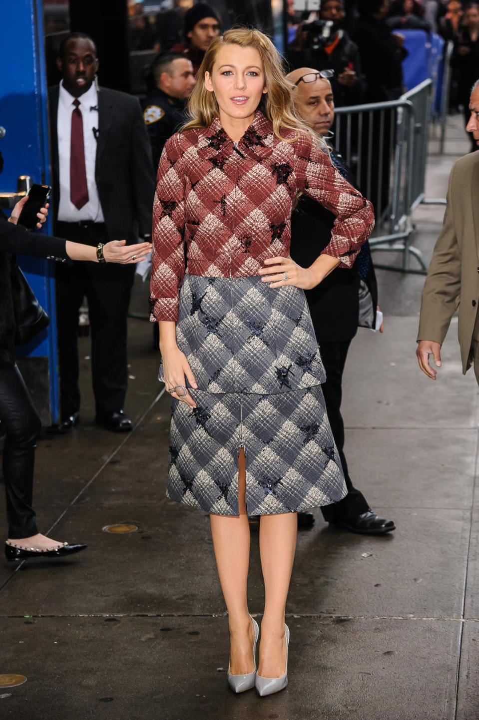 Blake Lively in a two-toned plaid jacket