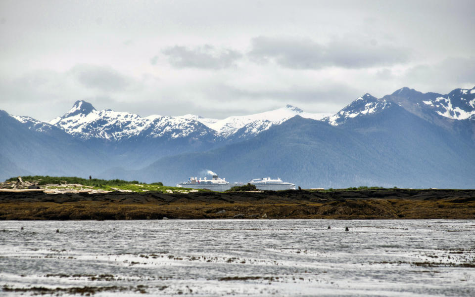 The cruise ship Quantum of the Seas passes through Sitka Sound, Thursday, June 1, 2023, as seen from near Low Island, the site of a fatal charter boat accident, Sunday, May 28. (James Poulson/The Daily Sitka Sentinel via AP)