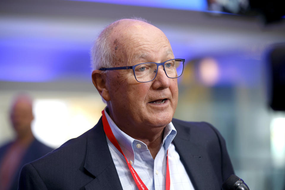 Michigan Republican Party chair Pete Hoekstra speaks during the Michigan GOP convention, Saturday, March 2, 2024, in Grand Rapids, Mich. (AP Photo/Al Goldis)
