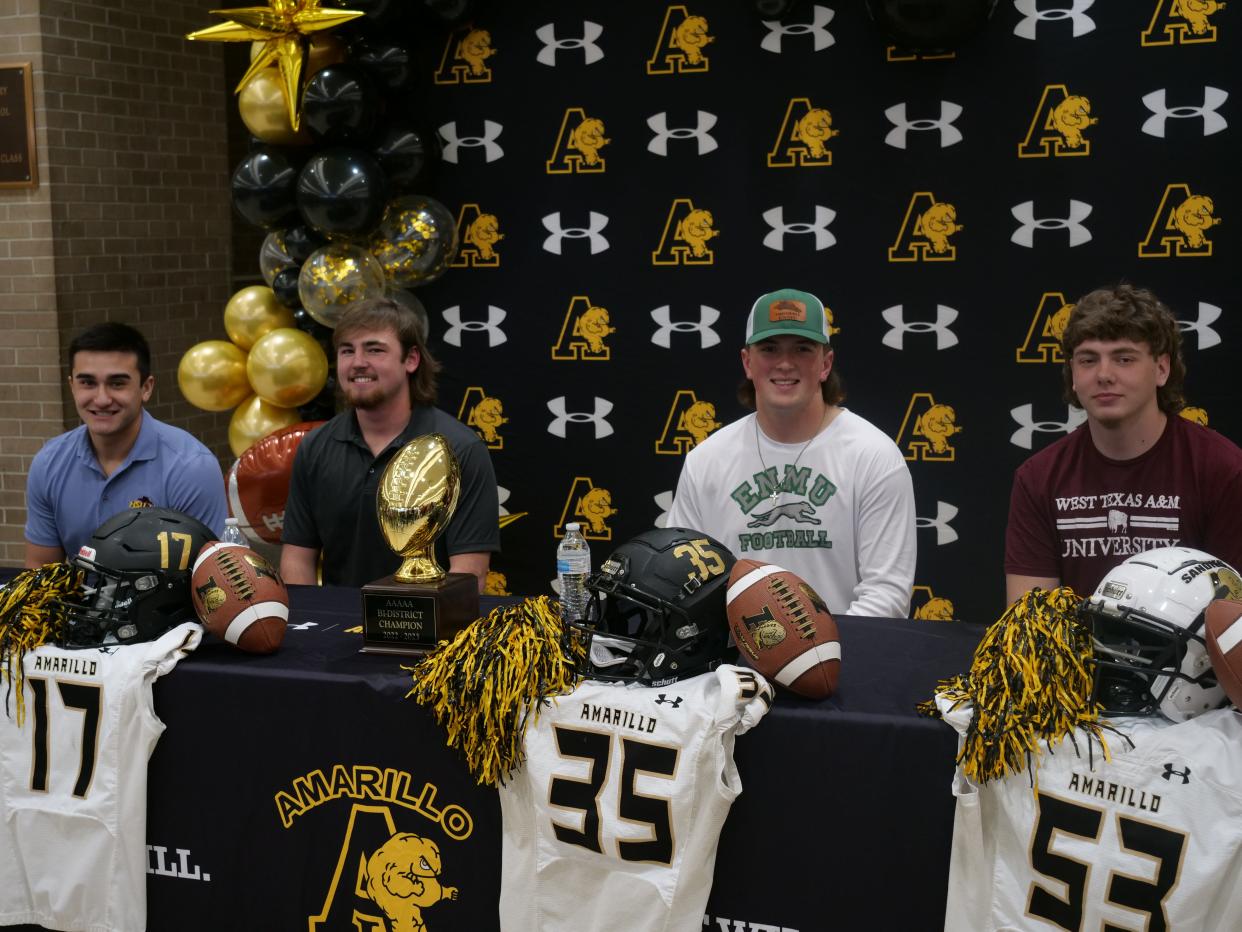 Four Amarillo High School athletes signed their National Letters of Intent to play college football as part of National Signing Day on Wednesday, February 1st, 2023 at Amarillo High School. From left, Cohen Berry, Cooper Ivey, Jacob Greeson, Conner Marricle.