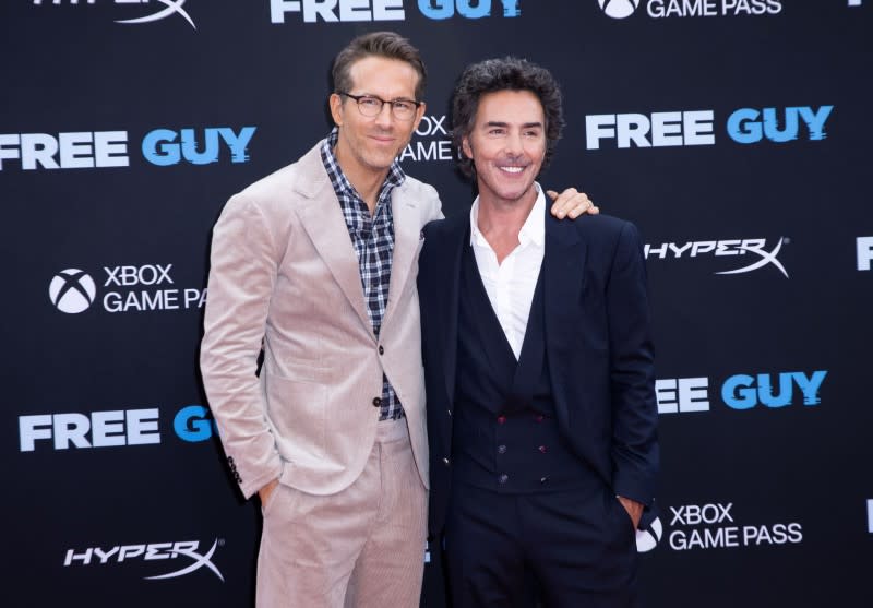 Actor Ryan Reynolds poses with director Shawn Levy at the premiere for the film "Free Guy" in New York