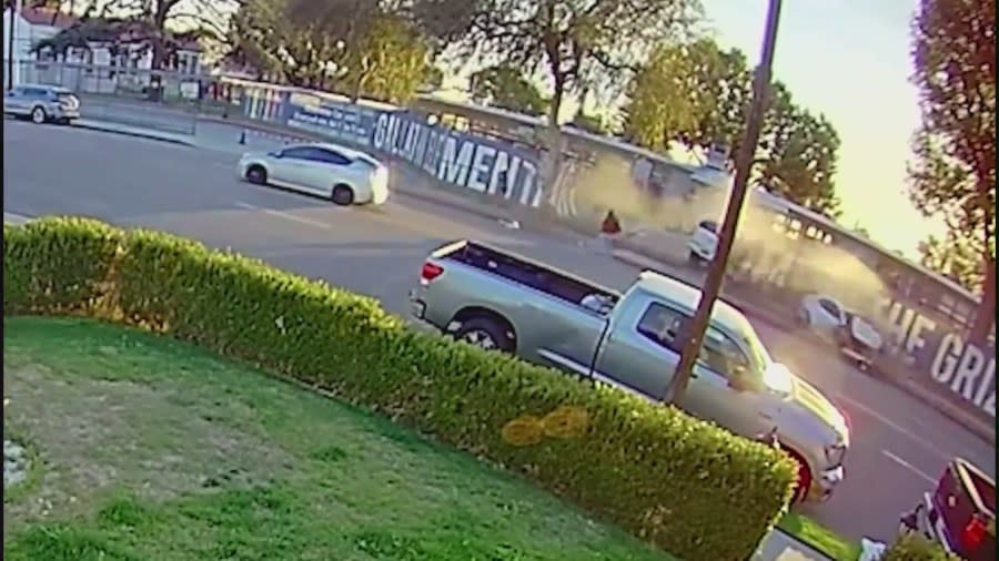 Video captures the terrifying moment a suspected DUI driver slams into a car and narrowly misses bystanders before crashing into a Downey school playground on Jan. 25, 2024. (Gabby Enciso)