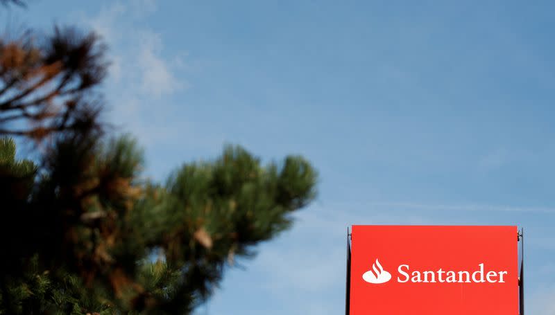 FILE PHOTO: A Santander sign is displayed outside Santander House, in Milton Keynes