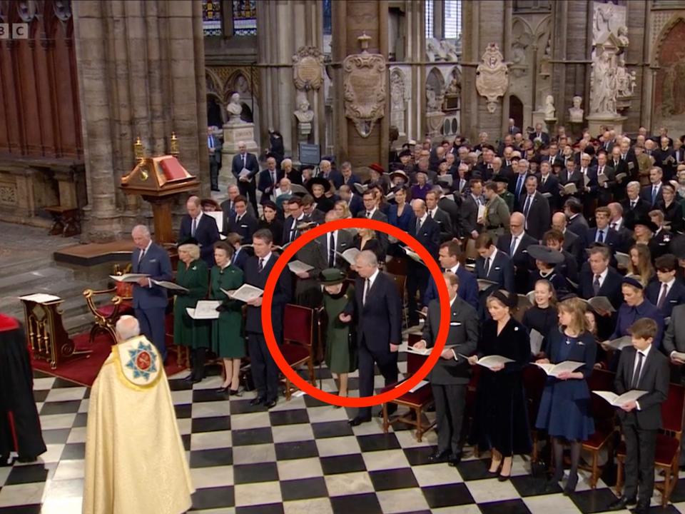 Queen Elizabeth and Prince Andrew at Prince Philip's memorial service