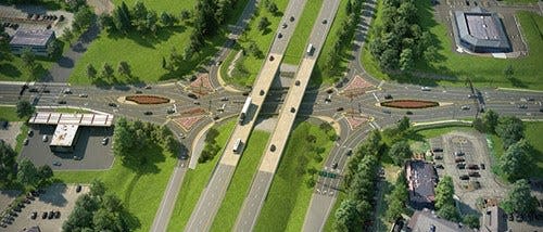 A bird's-eye view rendering shows the diverging-diamond design that will be constructed at I-89 exit 16 in Colchester. The first phase of construction is underway but the bulk of the road work will begin in 2024.