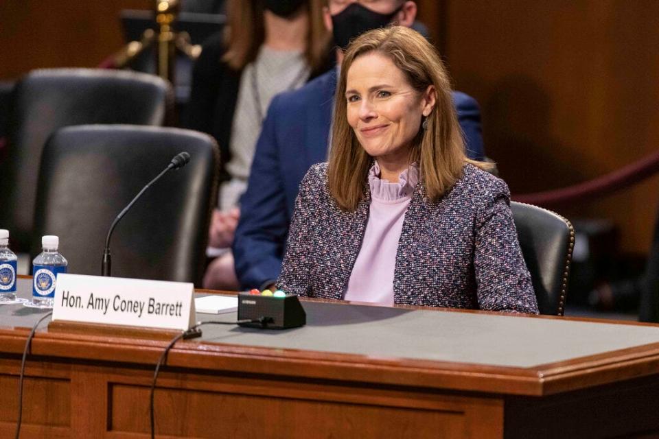 Judge Amy Coney Barrett sits before the Senate Judiciary Committee on Capitol Hill on Oct. 14, 2020 for the third day of confirmation hearings for a seat on the Supreme Court in Washington, D.C.