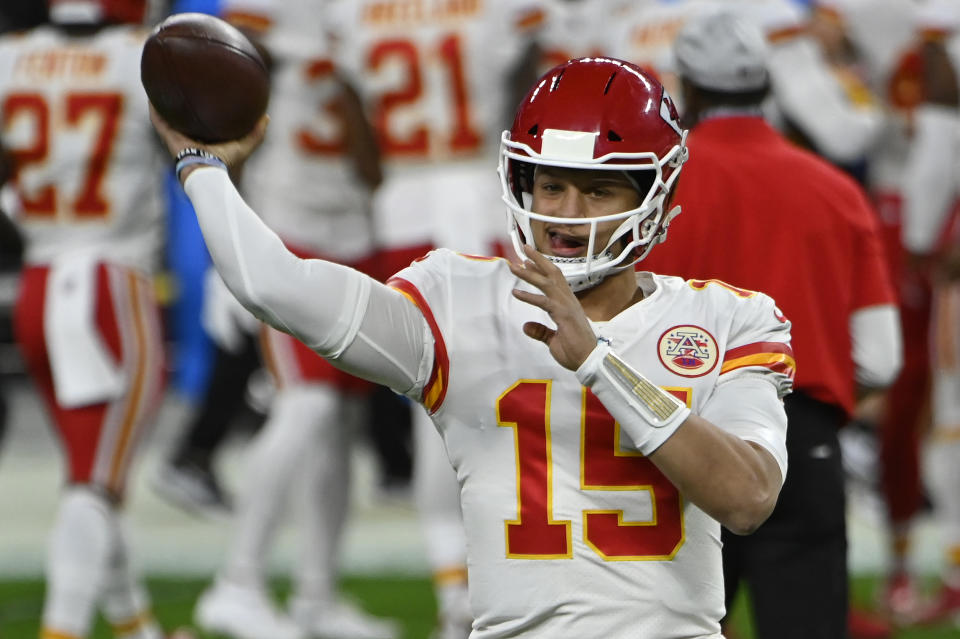 Kansas City Chiefs quarterback Patrick Mahomes (15) warms up before an NFL football game against the Las Vegas Raiders, Sunday, Nov. 22, 2020, in Las Vegas. (AP Photo/David Becker)