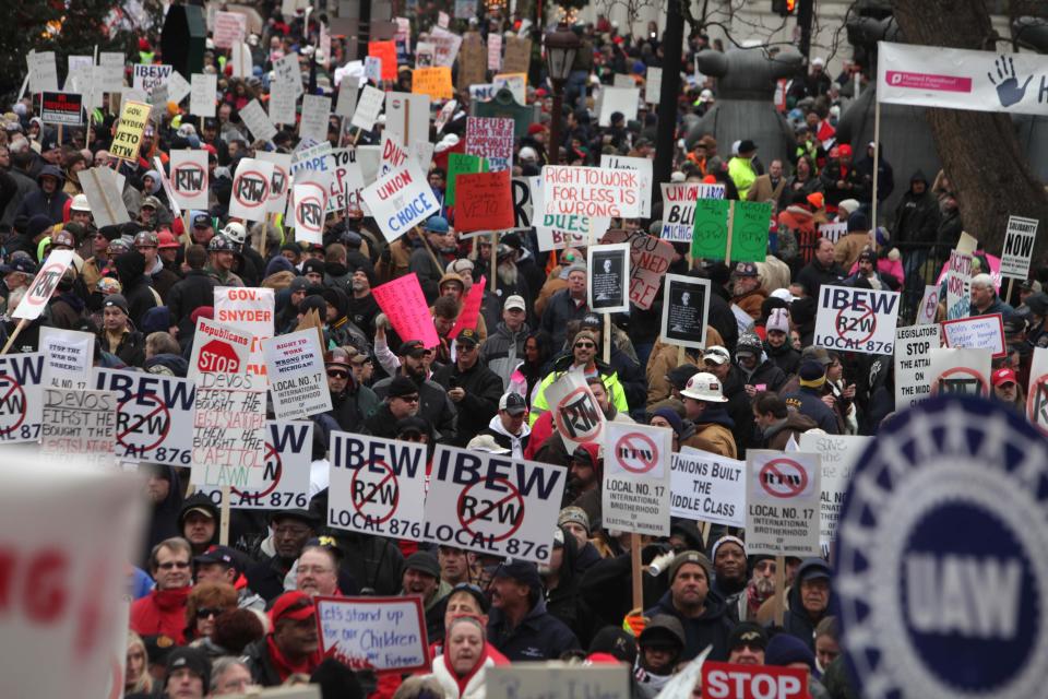 Thousands of protesters outside the state Capitol in Lansing showed up to protest the signing of the right-to-work bill by Gov. Rick Snyder.
Everything from signs to chants of "Right to work has got to go" and the Solidarity forever song were heard outside on Tuesday, Dec 11, 2012. Snyder is supposed to sign the bill today or tomorrow.