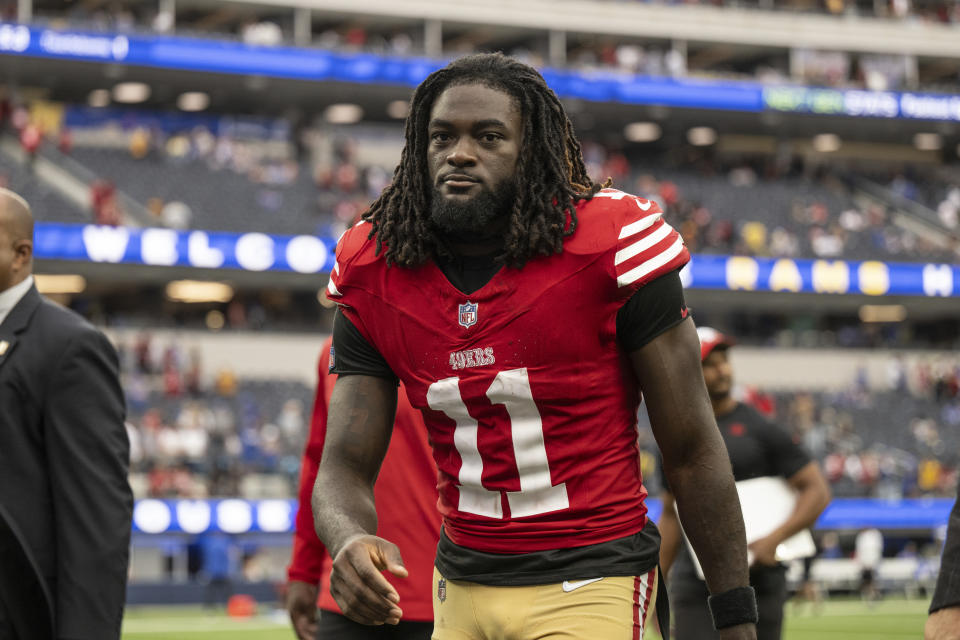 San Francisco 49ers wide receiver Brandon Aiyuk (11) walks back to the locker room after an NFL football game against the Los Angeles Rams, Sunday, Sept. 17, 2023, in Inglewood, Calif. (AP Photo/Kyusung Gong)